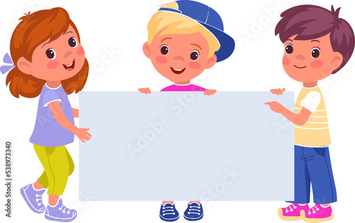 Children with banner. Pretty little boys and girls hold blank surface. Happy activists showing rectangular billboard. Preschool kids standing with empty placard. Vector illustration