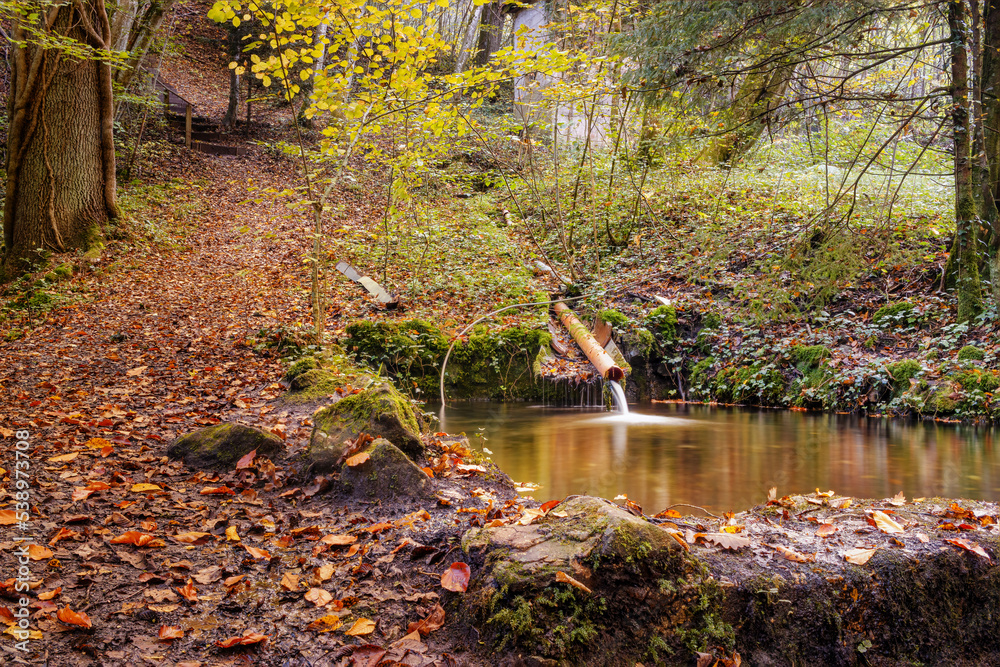 Water flowing from a pipe into a little pond in an autumnal forest