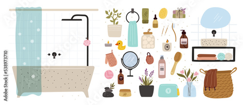 Cozy bathroom elements. Cleansing skin or hair care products. Bathtub with curtain. Scandinavian style decor. Shampoos and gels bottles. Garish vector washroom interior objects set
