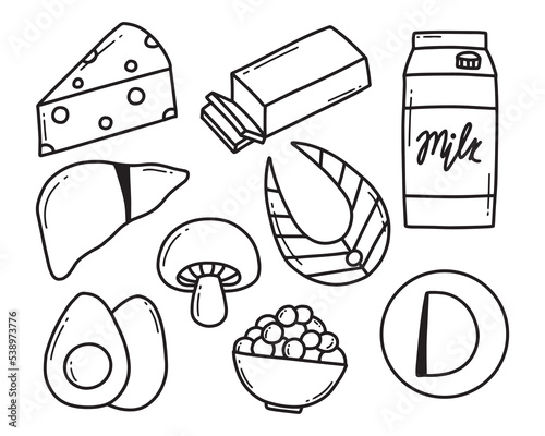 Vitamin d. Set of Foods containing vitamin d. Food rich in vitamin d. Vector illustration. Vector illustration. Doodle style.