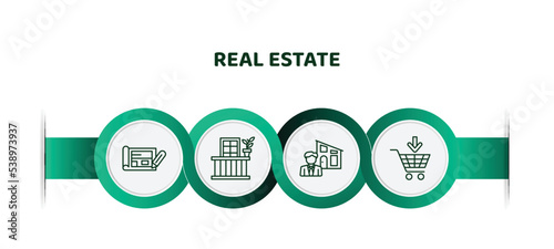 editable thin line icons with infographic template. infographic for real estate concept. included plans, balcony, or, buy icons.