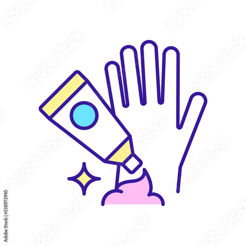Hand cream applying RGB color icon. Skincare cosmetic product. Beauty routine for everyday. Isolated raster illustration. Simple filled line drawing