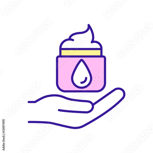 Use moisturizing cosmetic products RGB color icon. Hand with jar of cream. Skincare routine. Isolated raster illustration. Simple filled line drawing