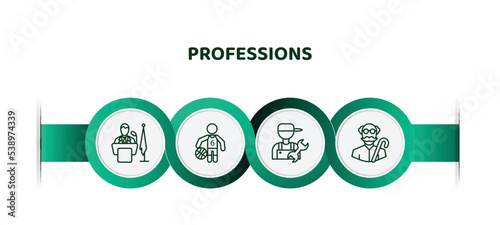 editable thin line icons with infographic template. infographic for professions concept. included president, basketball player, plumber, pensioner icons.