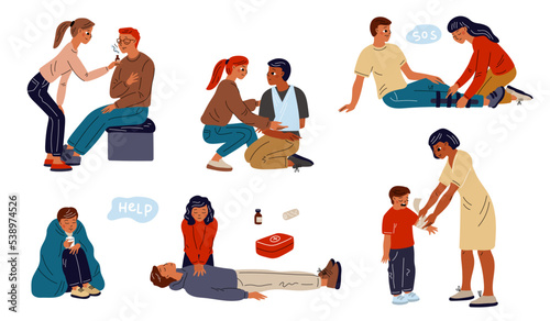 First medical aid scenes. Emergency procedures. Saving persons life. Medics help to victims. People in dangerous situations. Chest compression and injury bandage. Garish vector set
