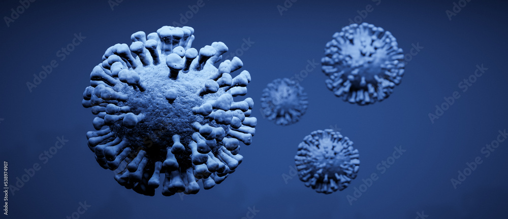 Illustration of a group of blue virus cells, visualization of a viral infection, coronavirus covid-19 monkeypox background with copy space for text Illustration of a group of blue virus cells, visualization of a viral infection, coronavirus covid-19 monkeypox background with copy space for text