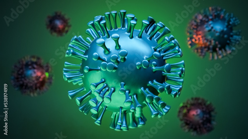 Illustration of green virus cells, visualization of a viral infection, coronavirus covid-19 monkeypox background with copy space for text