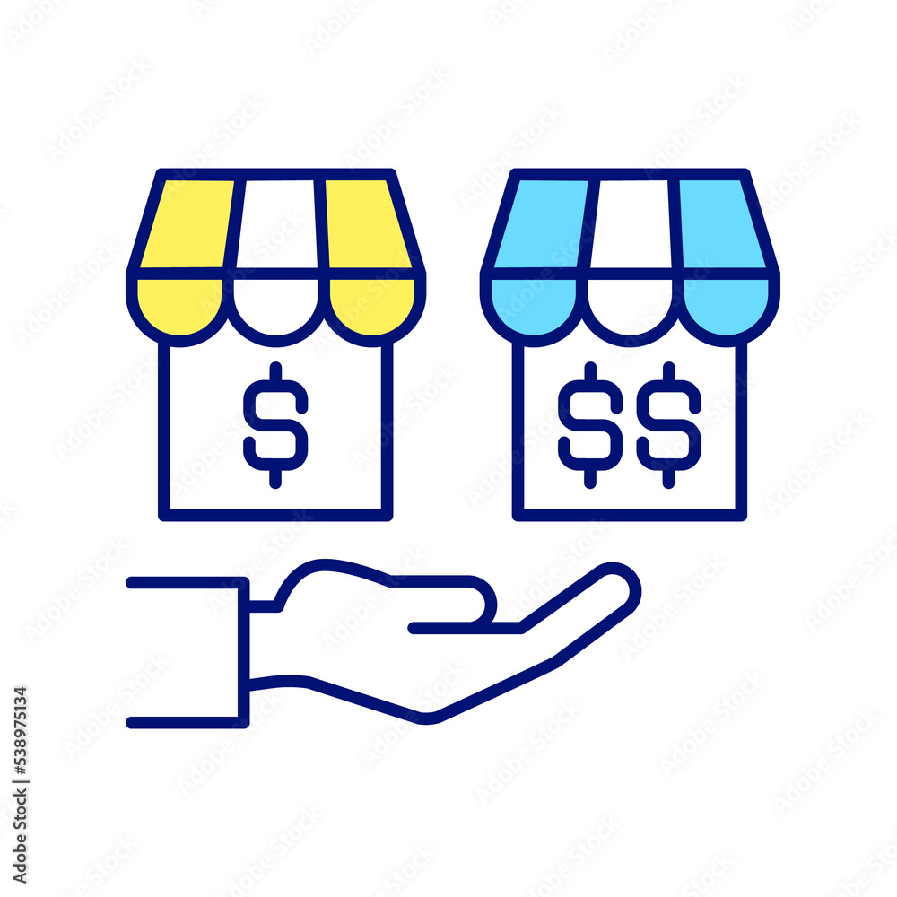 Low and high pricing strategies RGB color icon. Consumer preference. Competitive advantage. Isolated raster illustration. Simple filled line drawing Low and high pricing strategies RGB color icon. Consumer preference. Competitive advantage. Isolated raster illustration. Simple filled line drawing