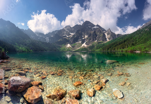 Morskie Oko (Eye of the Sea) lake in the Tatra Mountains. Tatry Mountain peaks during a sunny day. Popular place for hiking.