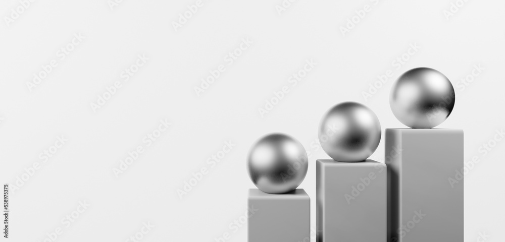 Three silver metallic globes or spheres on pedestals, hierarchy order concept, best challenge winner or achievement illustration on white background with copy space for text Three silver metallic globes or spheres on pedestals, hierarchy order concept, best challenge winner or achievement illustration on white background with copy space for text