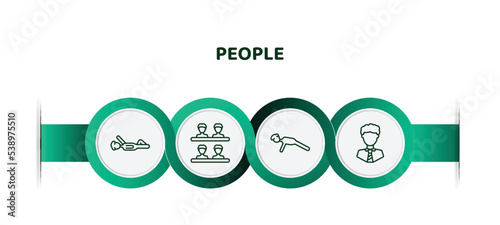 editable thin line icons with infographic template. infographic for people concept. included iying down, classes, push ups, business tie icons.