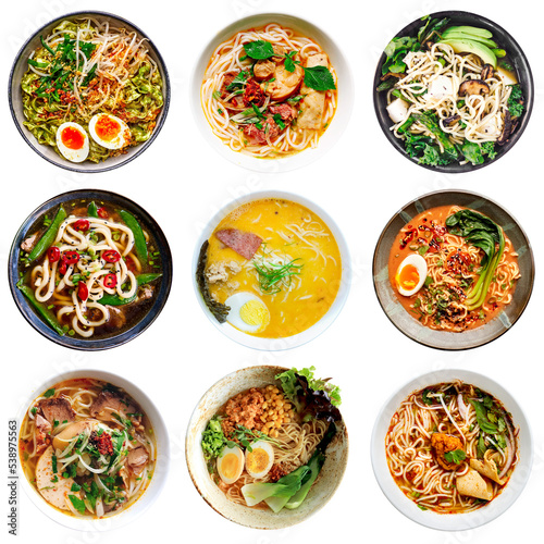 Collection of Asian noodle ramen bowls isolated