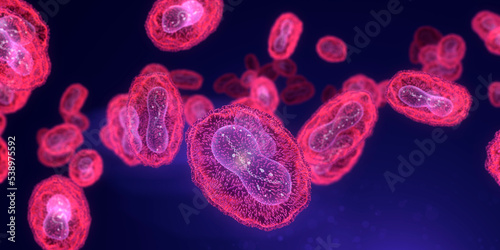 Pox, Mpox (monkey pox) virus flow with DNA inside. 3d visualization, glowing, neon light on dark background photo