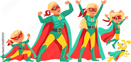 Super hero family. Happy parents with children and pets in colorful costumes. Comic characters. Strong mother and father. Brave kids. Superheroes in masks and capes. Vector illustration