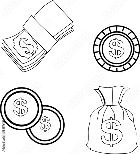 Concept of cash. Money bag, stack coins and . Vector flat illustration..EPS 10.
