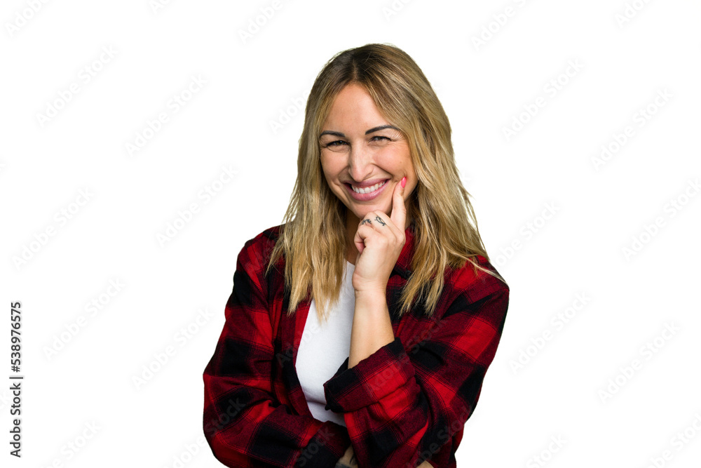 Young caucasian woman isolated on green chroma background smiling happy and confident, touching chin with hand. Young caucasian woman isolated on green chroma background smiling happy and confident, touching chin with hand.