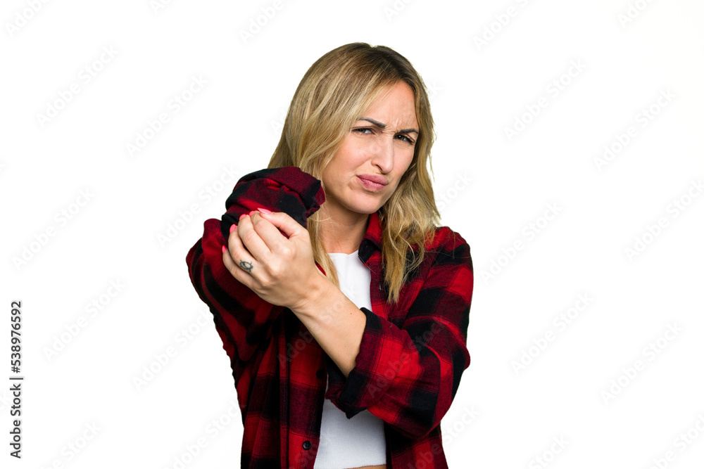 Naklejka premium Young caucasian woman isolated on green chroma background having a neck pain due to stress, massaging and touching it with hand.