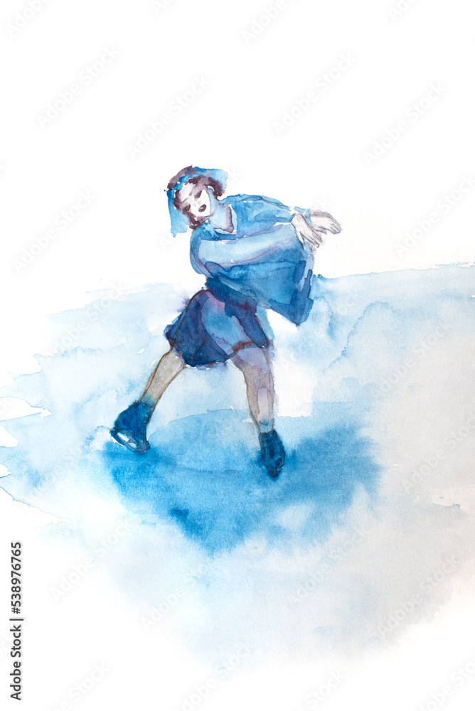 Fototapeta premium Figure skating, a girl in a blue dress in skates, dancing on ice. watercolor picture