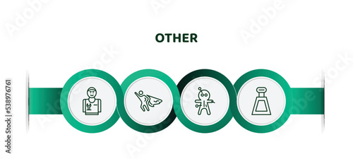 editable thin line icons with infographic template. infographic for other concept. included plumbering, super hero, voodoo puppet, kilograms icons.
