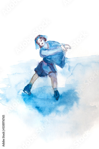 Fototapeta Naklejka Na Ścianę i Meble -  Figure skating, a girl in a blue dress in skates, dancing on ice. watercolor picture