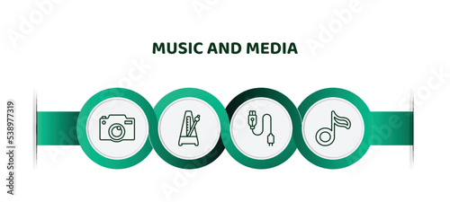 editable thin line icons with infographic template. infographic for music and media concept. included photo camera, metronome, charging plug, flat icons.