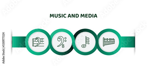 editable thin line icons with infographic template. infographic for music and media concept. included bass clef, octave clef, demisemiquaver, marimba icons.