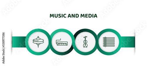 editable thin line icons with infographic template. infographic for music and media concept. included cymbal, melodica, cello, dotted barline icons.