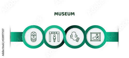 editable thin line icons with infographic template. infographic for museum concept. included african mask, metal detector, audio guide, still life icons.
