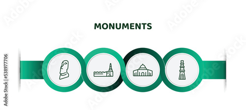 editable thin line icons with infographic template. infographic for monuments concept. included moia statues, moscow, dome of the rock, qutb minar in new delhi icons.