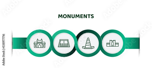 editable thin line icons with infographic template. infographic for monuments concept. included gat of india, abu simbel, great mosque of samarra, medieval walls in avila icons.