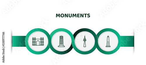editable thin line icons with infographic template. infographic for monuments concept. included spain, circle, , obelisk of bue aires icons.