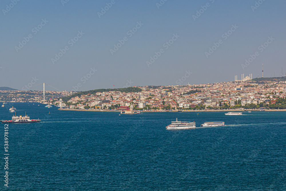 View of boats in Bosporus strait in Istanbul, Turkey