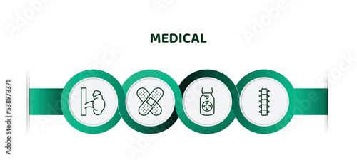 editable thin line icons with infographic template. infographic for medical concept. included adrenal gland, sticking plaster, tag with a cross, vertebra icons.