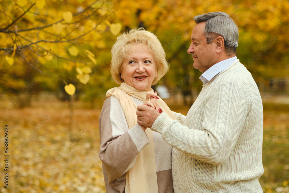 Active seniors on a walk in autumn forest Active seniors on a walk in autumn forest