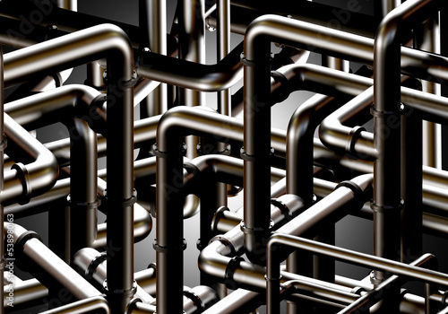 Confusing plumbing. Visualization of sewer pipes. Labyrinth of water pipes. Background with three-dimensional plumbing. Tangled sewer pipes. Plumbing problems concept. 3d rendering.