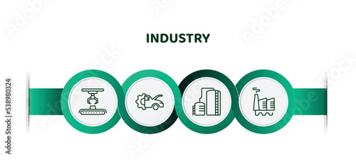 editable thin line icons with infographic template. infographic for industry concept. included hinery, car mechanic, oil tank, geothermal icons.