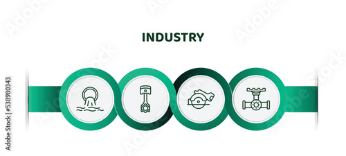 editable thin line icons with infographic template. infographic for industry concept. included sewage, piston, electric saw, pipes icons.