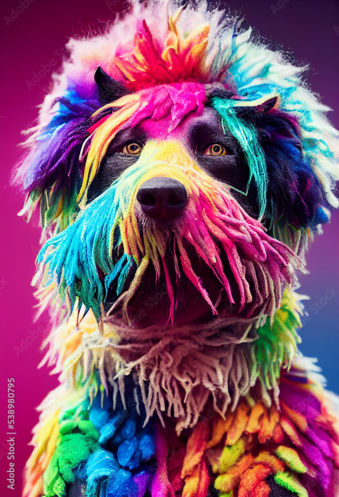 Naklejka premium neon rainbow dog dreads portrait
