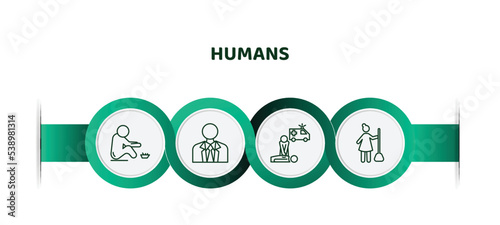 editable thin line icons with infographic template. infographic for humans concept. included begging, businessman with tie, cpr, woman sweeping icons.