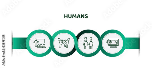 editable thin line icons with infographic template. infographic for humans concept. included business presentation, fighting, cooker couple, online business icons.