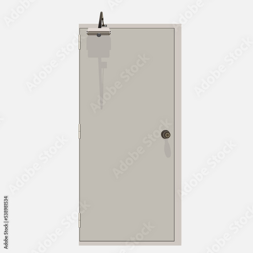 The door is a large door in brown-pink tone with knobs and handles