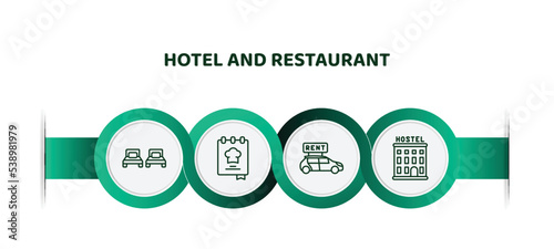 editable thin line icons with infographic template. infographic for hotel and restaurant concept. included beds, cookbook, rent a car, hostel icons.