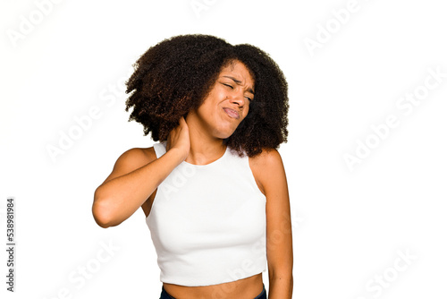 Young African American woman isolated having a neck pain due to stress, massaging and touching it with hand.