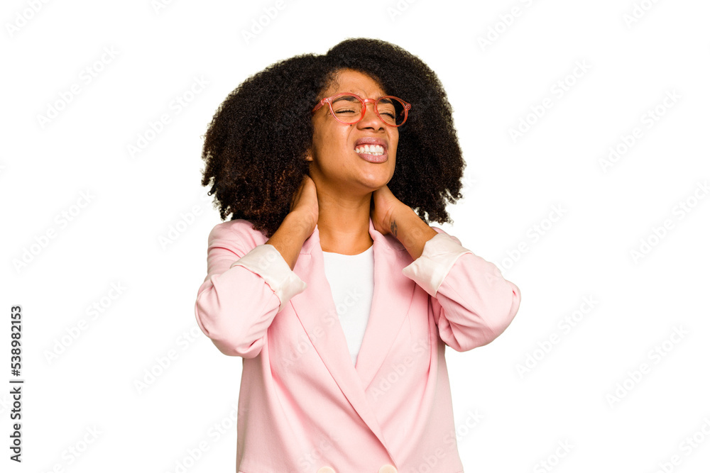Young African American woman isolated suffering neck pain due to sedentary lifestyle. Young African American woman isolated suffering neck pain due to sedentary lifestyle.