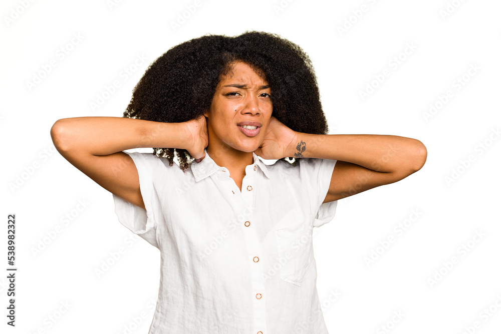 Young African American woman isolated touching back of head, thinking and making a choice. Young African American woman isolated touching back of head, thinking and making a choice.