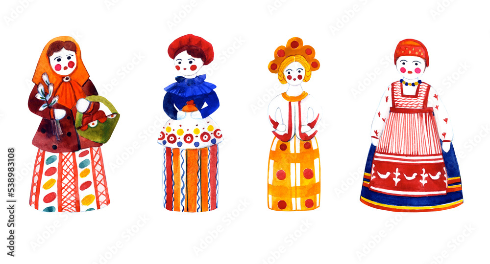Folk dolls. Watercolor. Isolated background. For decorating textiles, fabric, and wrapping paper.