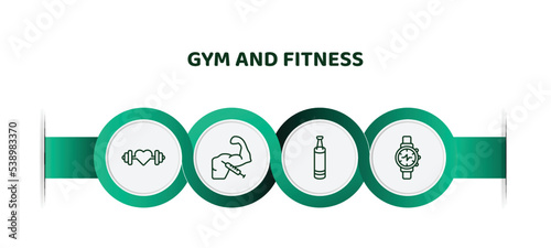 editable thin line icons with infographic template. infographic for gym and fitness concept. included fitness heart, steroids, boxing bag, training watch icons.