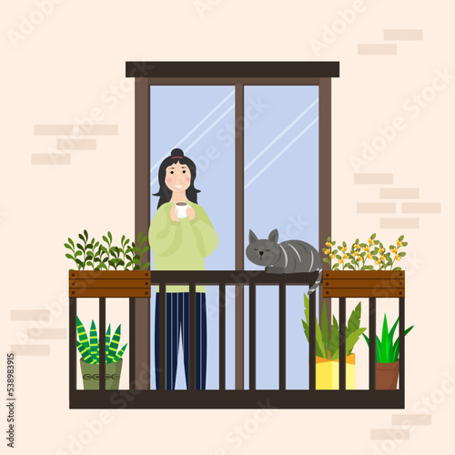 A girl with a cup stands on the balcony and looks at the cat. Flowers and seedlings in boxes. Green garden and a place to relax in the apartment. Vector illustration. 