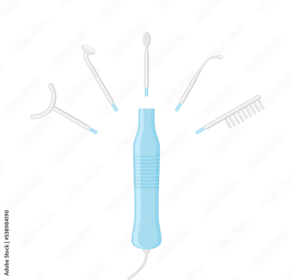 Darsonval with a set of nozzles on a white background. Medical handheld device for home use. Skin and hair treatment. Flat vector illustration Darsonval with a set of nozzles on a white background. Medical handheld device for home use. Skin and hair treatment. Flat vector illustration
