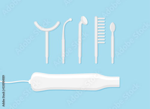 Darsonval device with a set of nozzles on a blue background. Medical handheld device for skin and hair treatment at home. Flat vector illustration